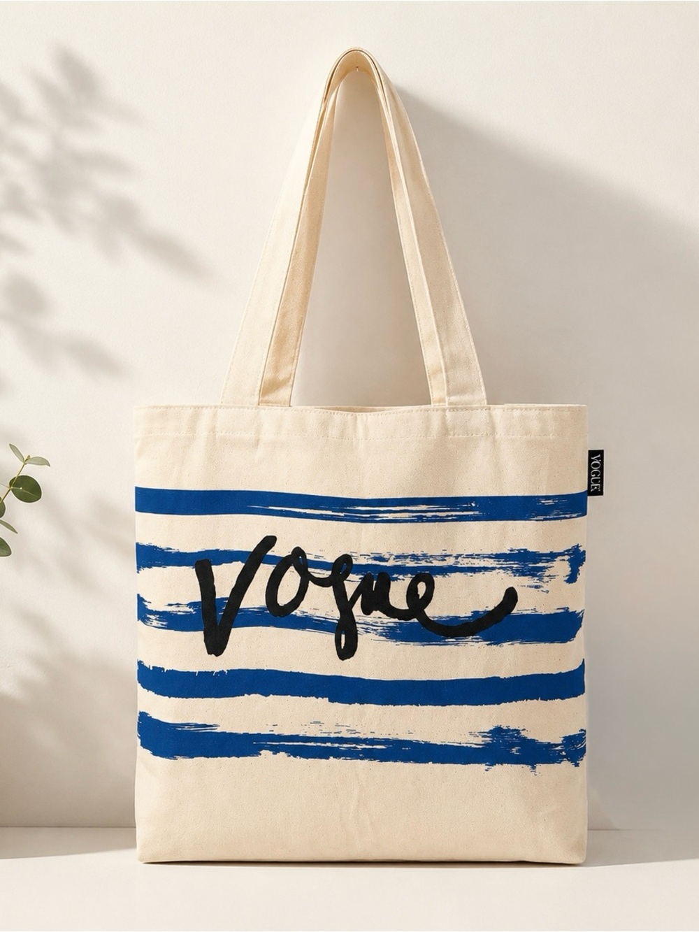 Vogue Natural Canvas Tote with Bold Blue Stripes